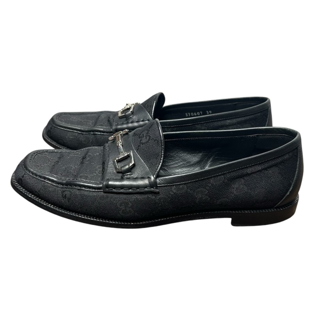 GUCCI Horsebit Loafers Black Leather GG Logo Monogram Canvas Silver Size 39 EU - Picture 4 of 8